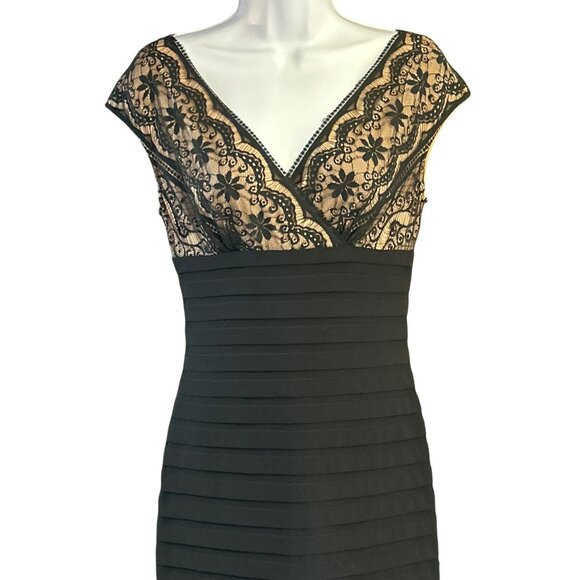 Adrianna Papell Black Dress Lace Cap Sleeves Special Event Fitted Sz 4 Cocktail - Picture 2 of 6